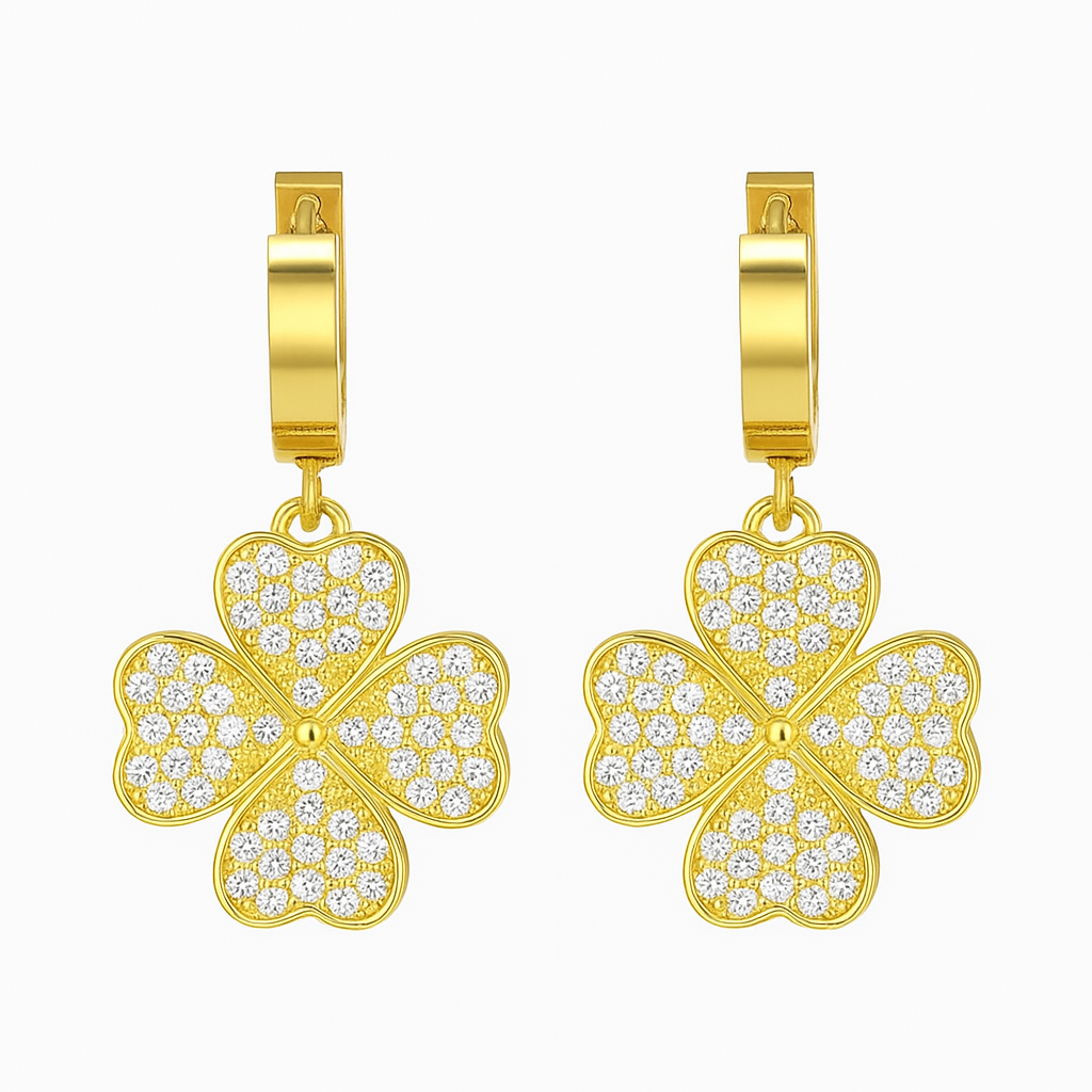 Conjunto Elegância do Trevo Dourado feminino Brinco Pulseira Colar