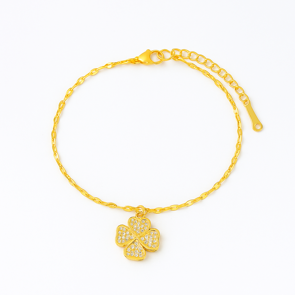 Conjunto Elegância do Trevo Dourado feminino Brinco Pulseira Colar