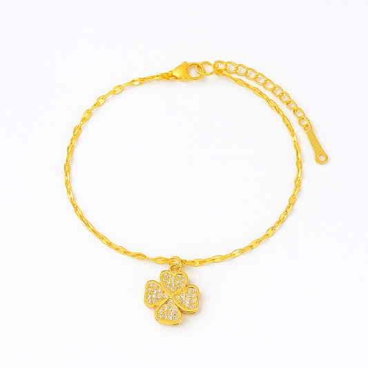 Conjunto Elegância do Trevo Dourado feminino Brinco Pulseira Colar